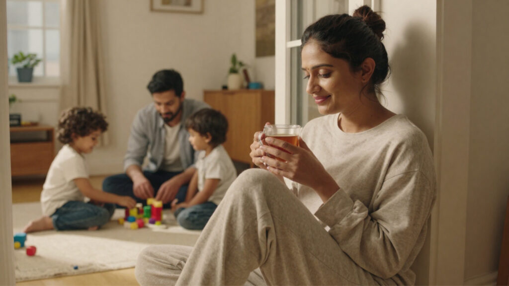 Modern Indian mother taking a quiet tea break while her husband plays with their two toddler boys