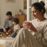 Modern Indian mother taking a quiet tea break while her husband plays with their two toddler boys